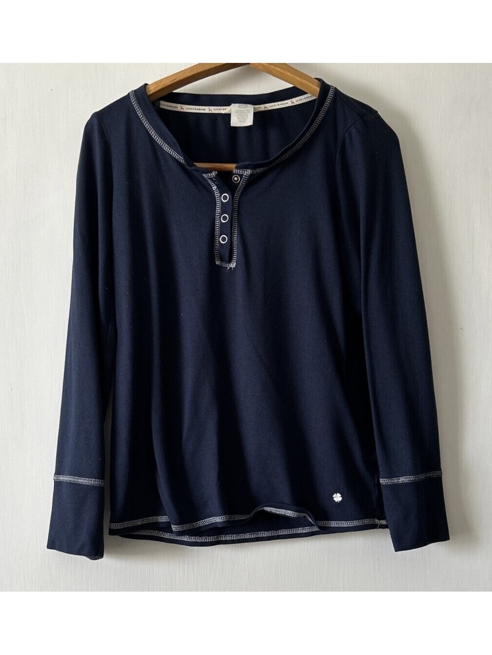 Lucky Brand Women's Henley Top Size L Blue Knit Thermal Long Sleeves